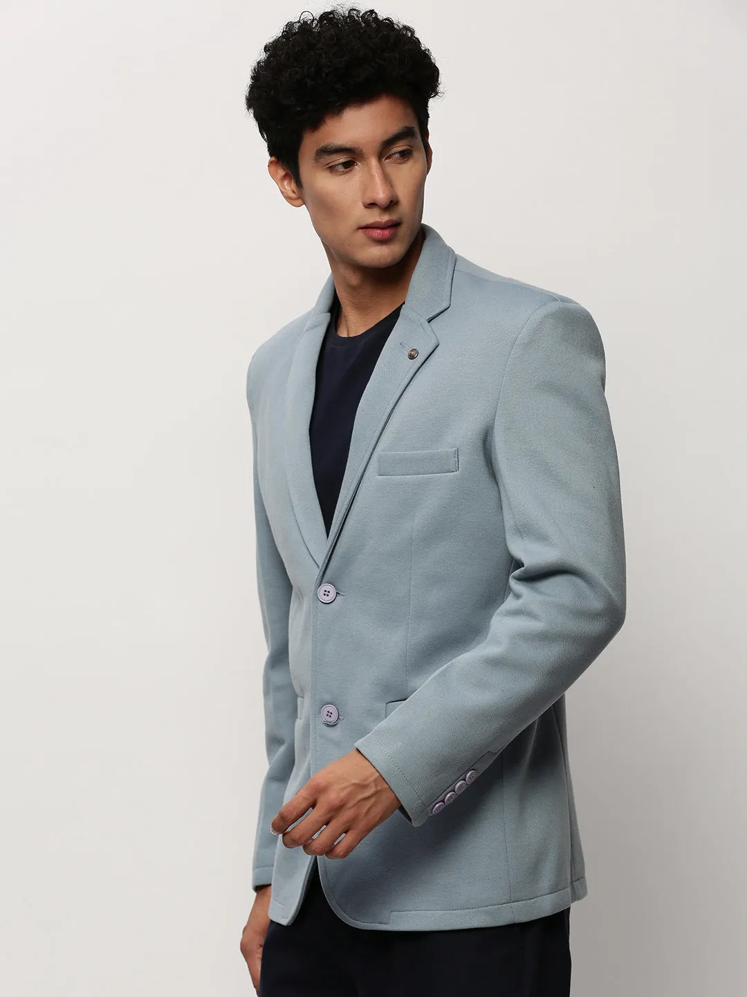 Men Blue Notched Lapel Collar Single Breasted Slim-Fit Cotton Casual Blazer
