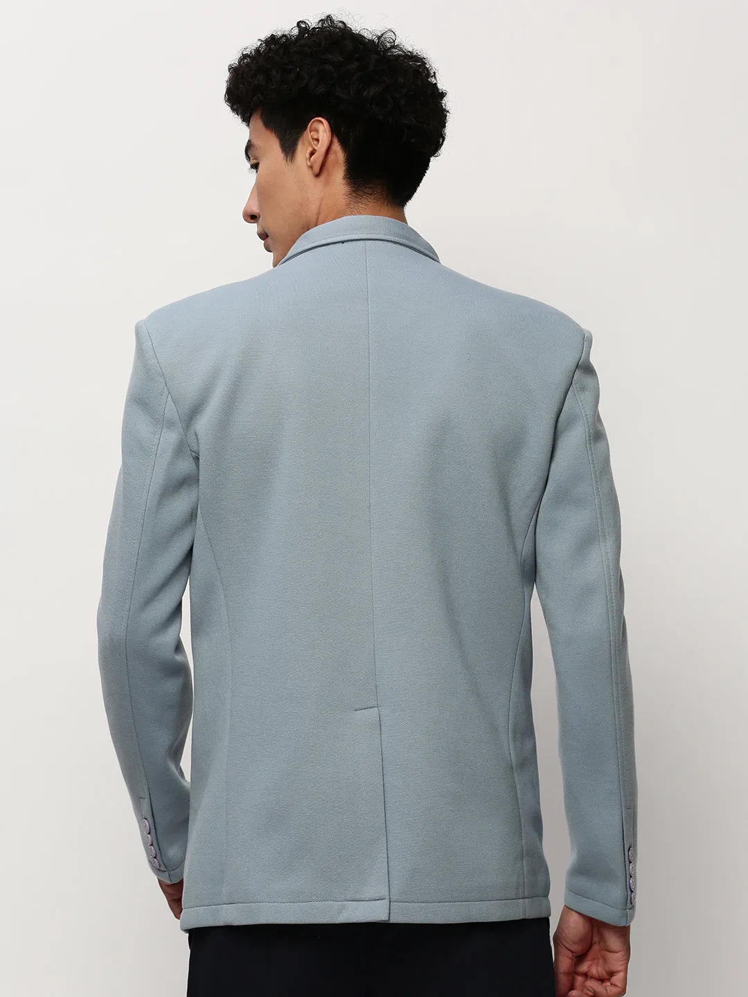 Men Blue Notched Lapel Collar Single Breasted Slim-Fit Cotton Casual Blazer