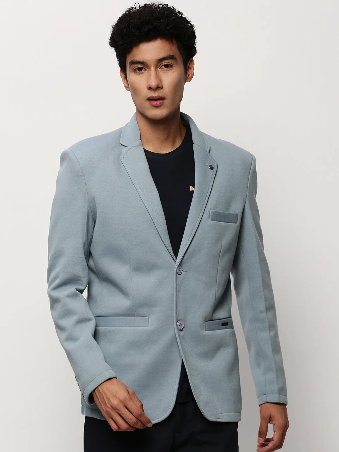 Men Blue Notched Lapel Collar Single Breasted Slim-Fit Cotton Casual Blazer