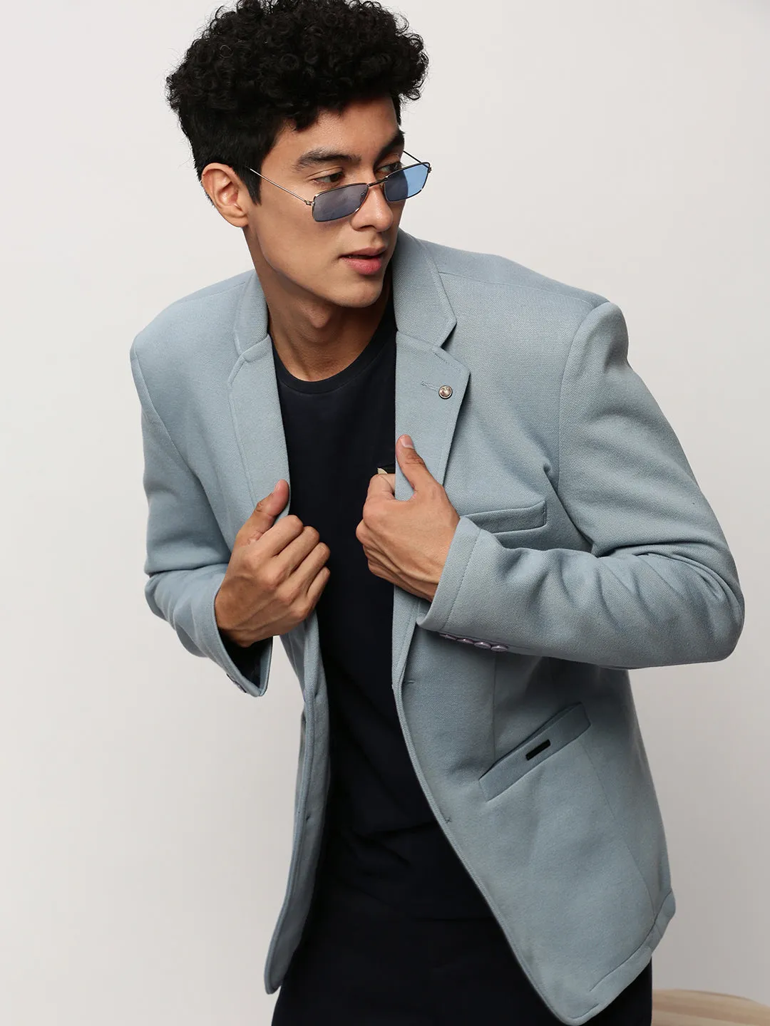 Men Blue Notched Lapel Collar Single Breasted Slim-Fit Cotton Casual Blazer