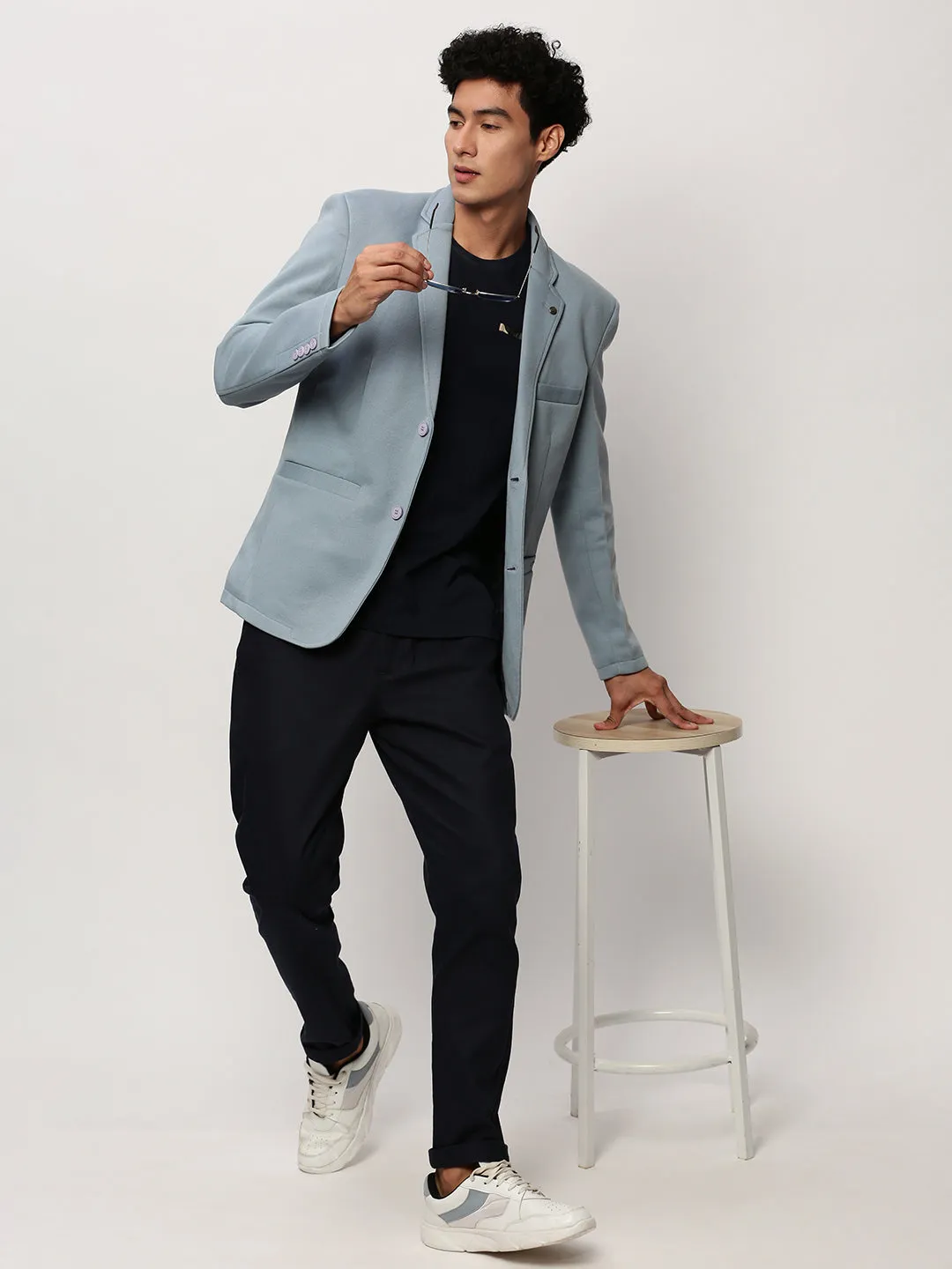 Men Blue Notched Lapel Collar Single Breasted Slim-Fit Cotton Casual Blazer