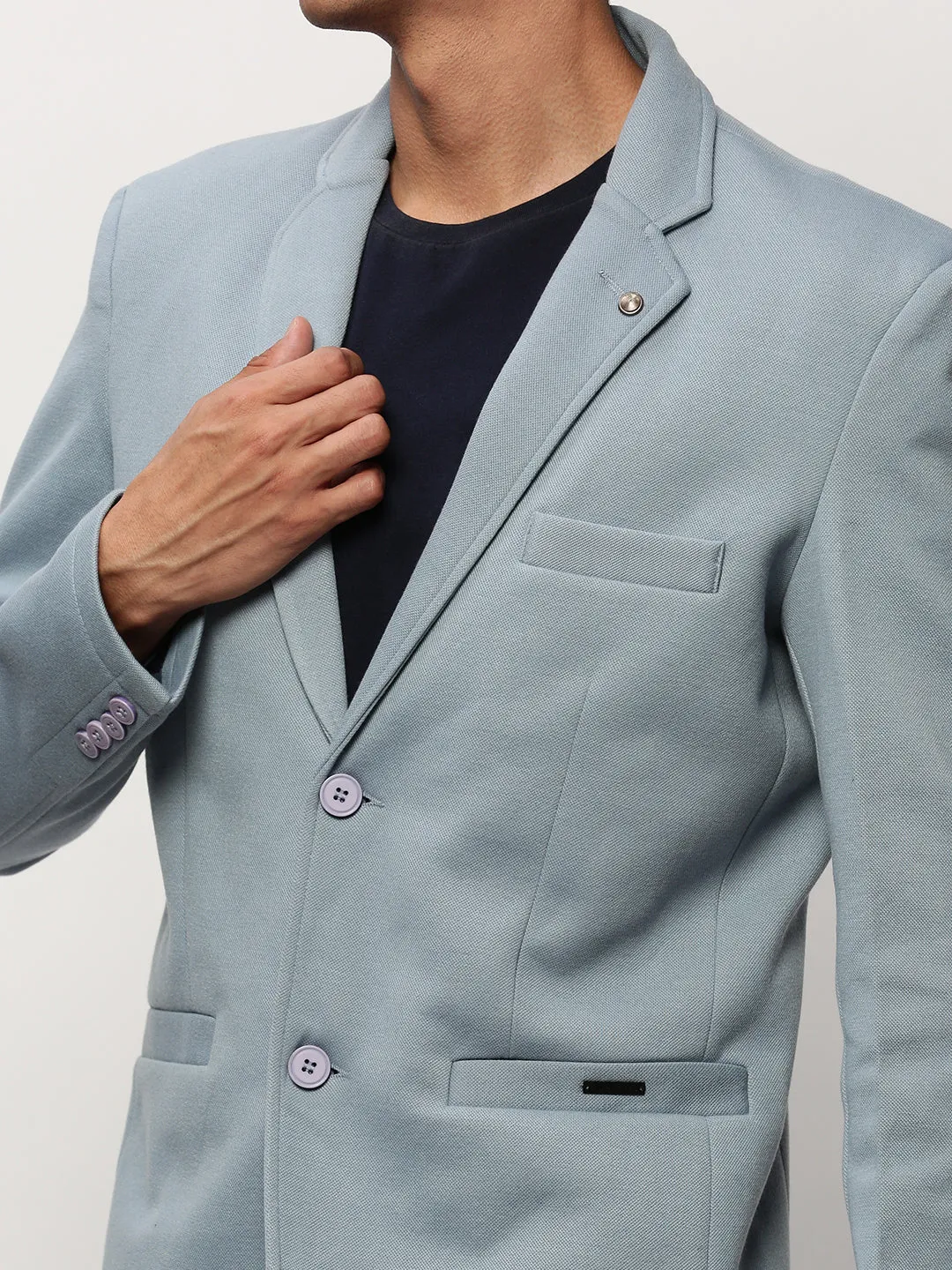 Men Blue Notched Lapel Collar Single Breasted Slim-Fit Cotton Casual Blazer
