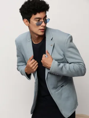 Men Blue Notched Lapel Collar Single Breasted Slim-Fit Cotton Casual Blazer