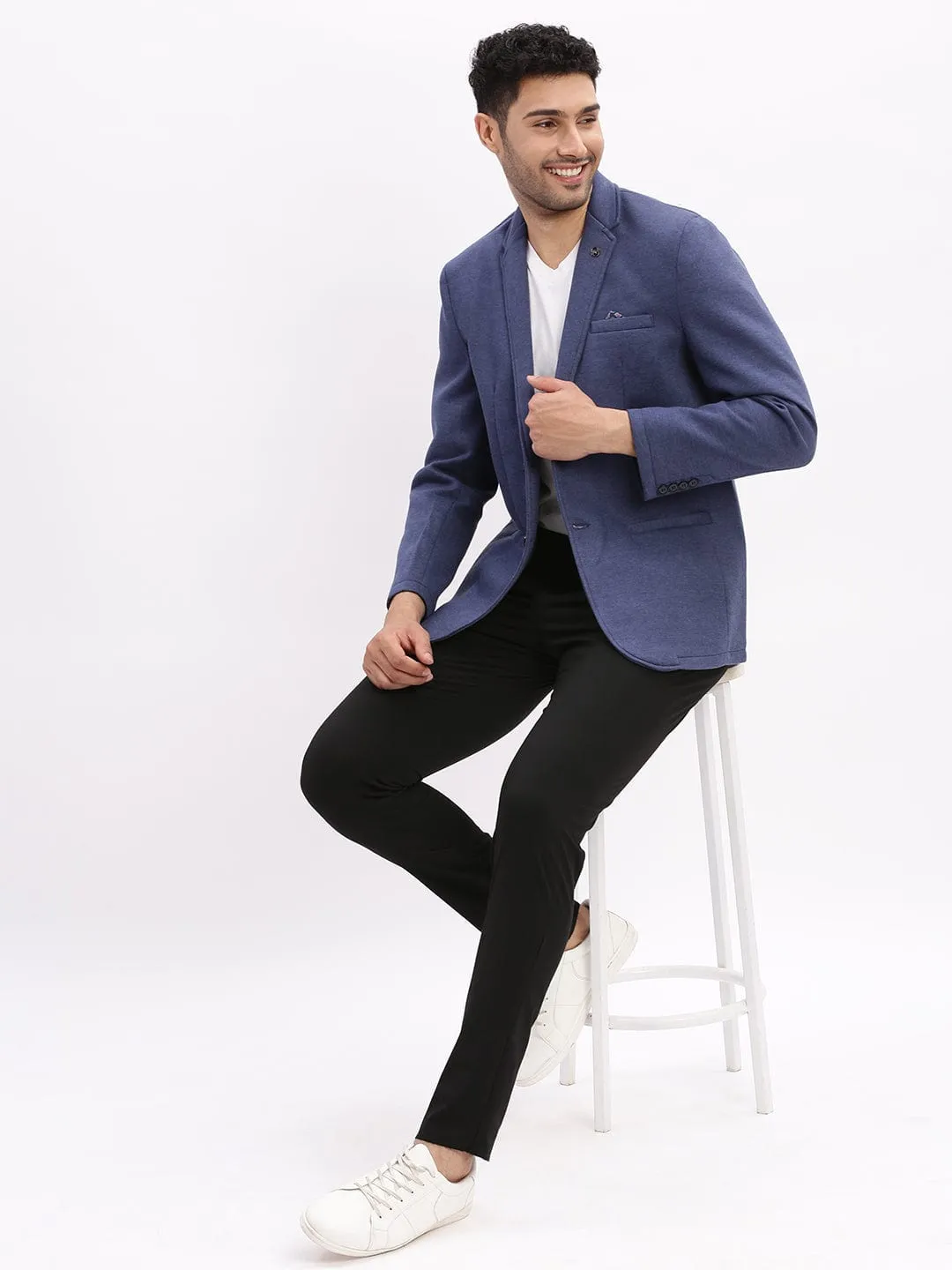Men Blue Notched Lapel Slim Fit Cotton Single Breasted Blazer