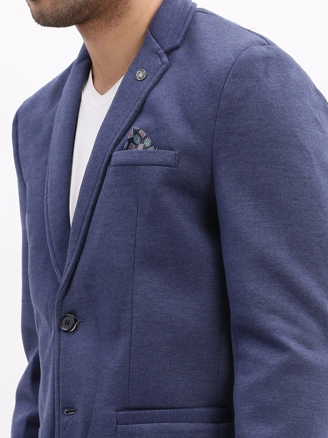 Men Blue Notched Lapel Slim Fit Cotton Single Breasted Blazer