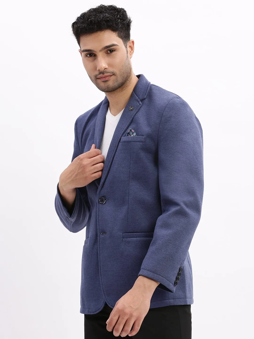 Men Blue Notched Lapel Slim Fit Cotton Single Breasted Blazer
