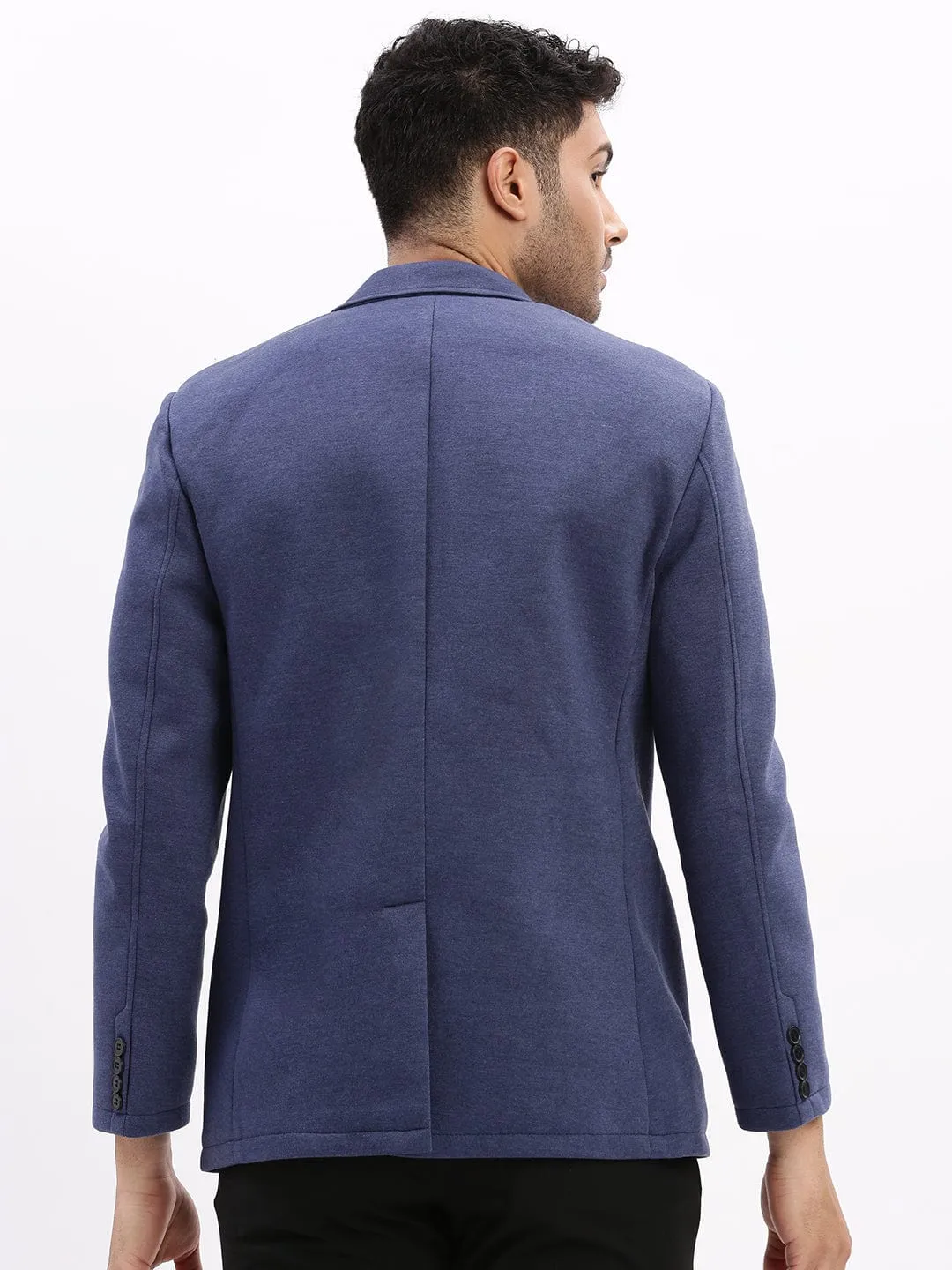 Men Blue Notched Lapel Slim Fit Cotton Single Breasted Blazer