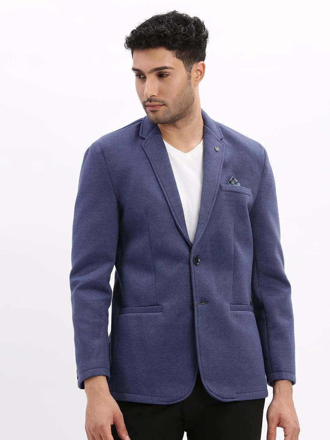 Men Blue Notched Lapel Slim Fit Cotton Single Breasted Blazer