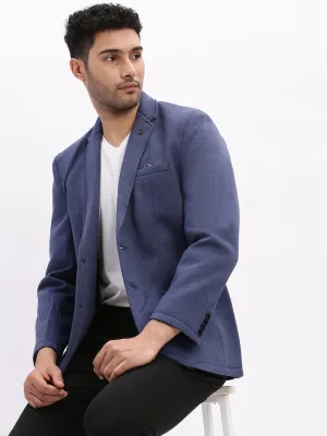 Men Blue Notched Lapel Slim Fit Cotton Single Breasted Blazer