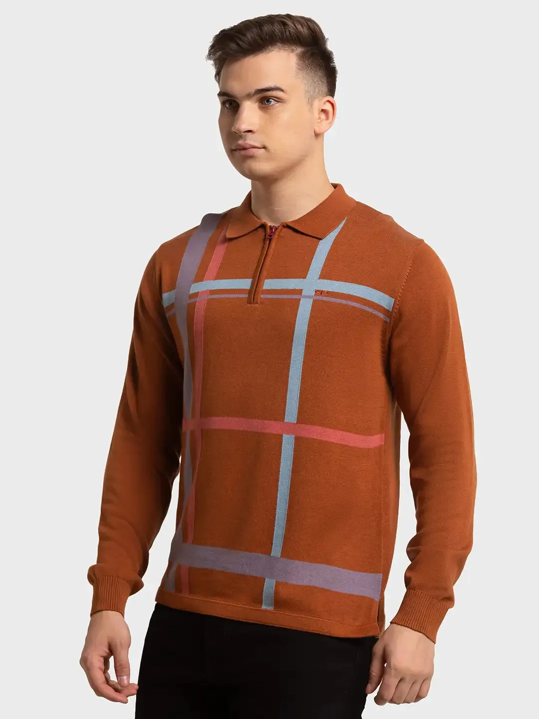 Men Brown Tailored Fit Jacquard Cotton Full Sleeve T-Shirt