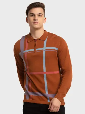 Men Brown Tailored Fit Jacquard Cotton Full Sleeve T-Shirt