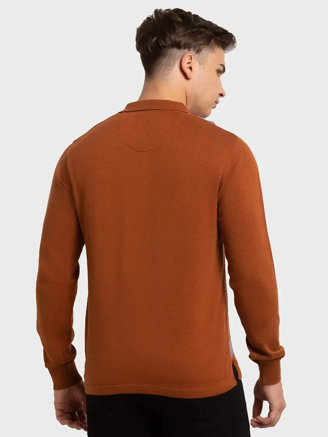 Men Brown Tailored Fit Jacquard Cotton Full Sleeve T-Shirt