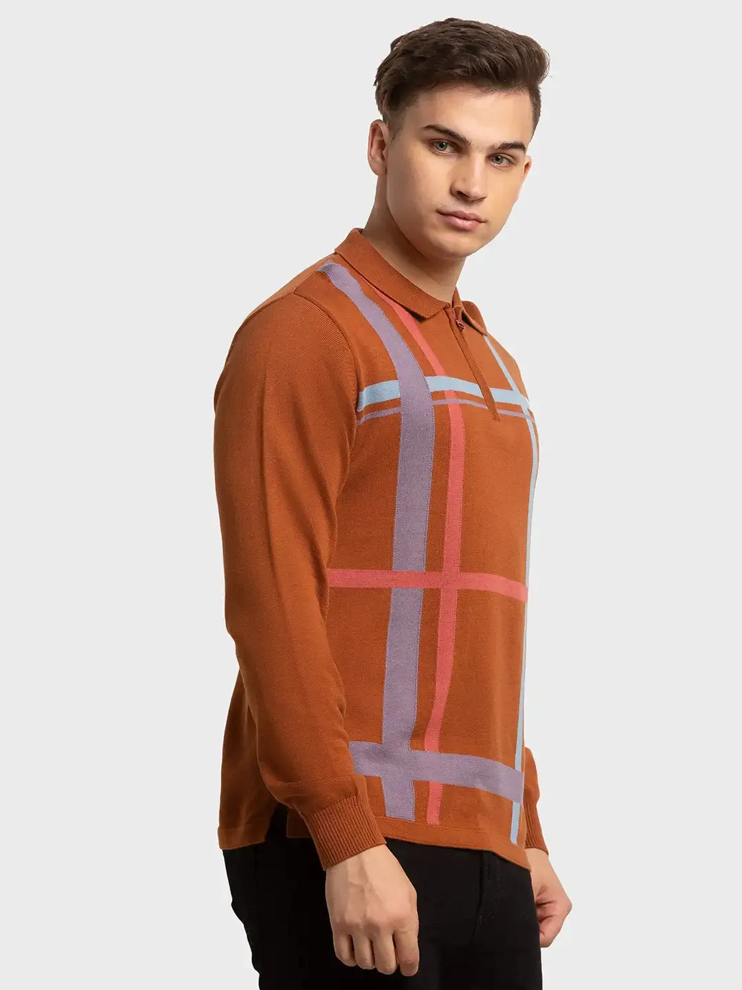 Men Brown Tailored Fit Jacquard Cotton Full Sleeve T-Shirt