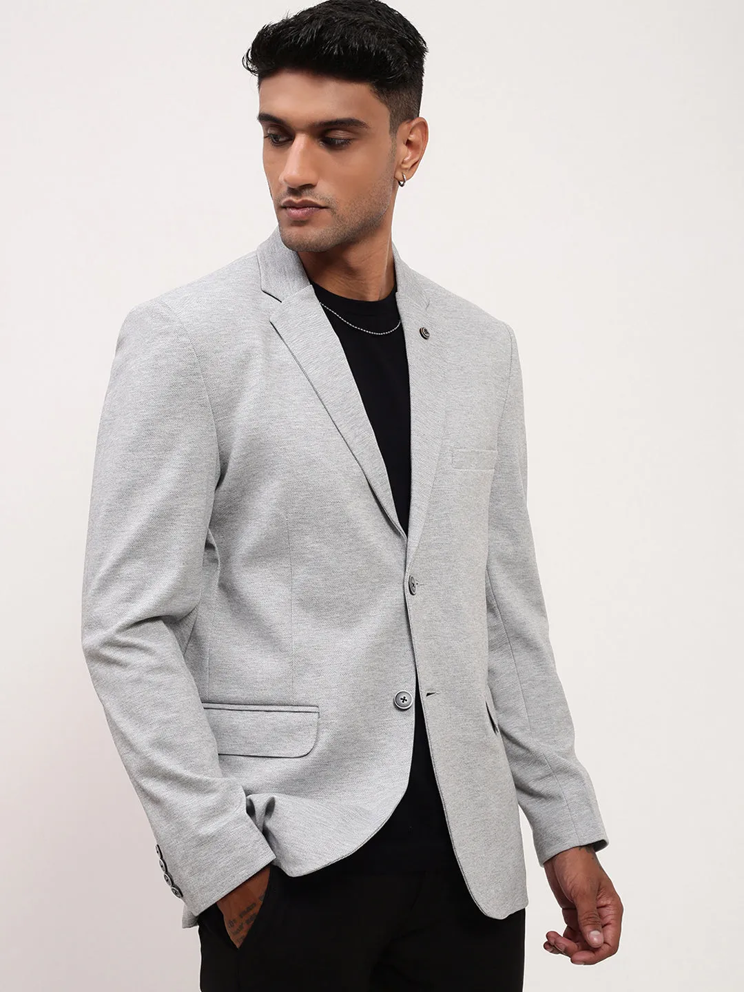 Men Grey Slim-Fit Notched Lapel Single-Breasted Cotton Blazer
