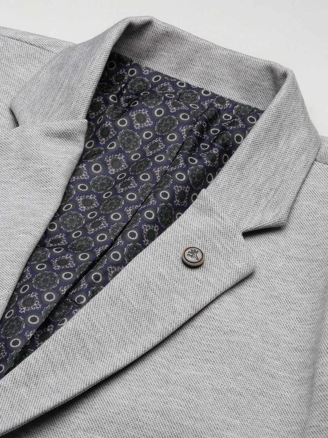 Men Grey Slim-Fit Notched Lapel Single-Breasted Cotton Blazer