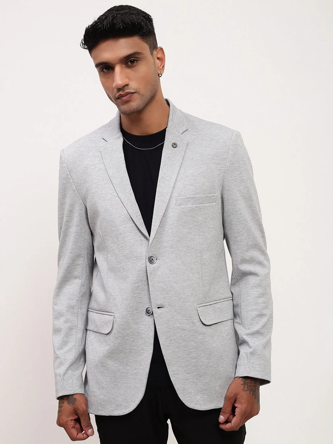 Men Grey Slim-Fit Notched Lapel Single-Breasted Cotton Blazer
