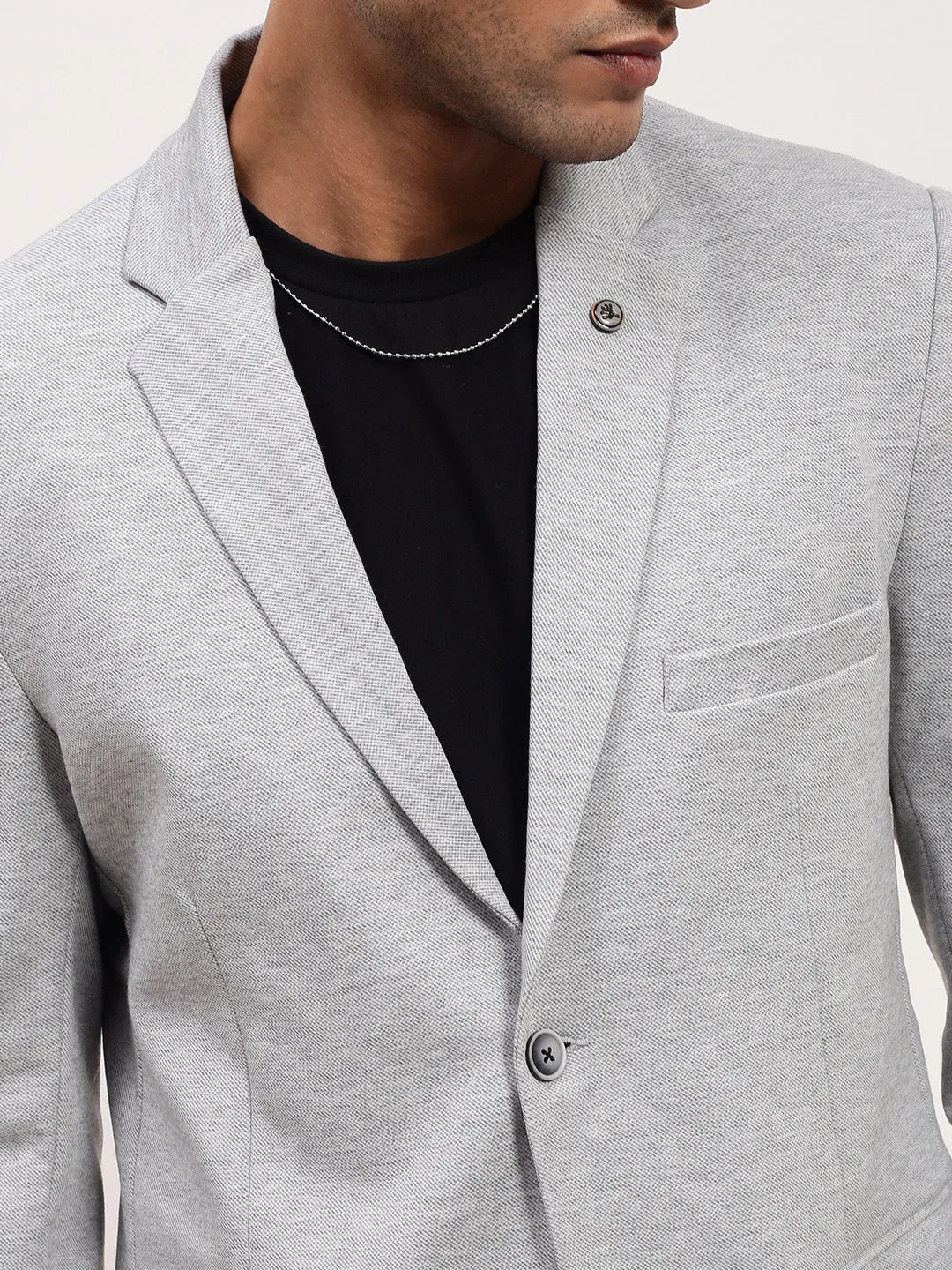 Men Grey Slim-Fit Notched Lapel Single-Breasted Cotton Blazer