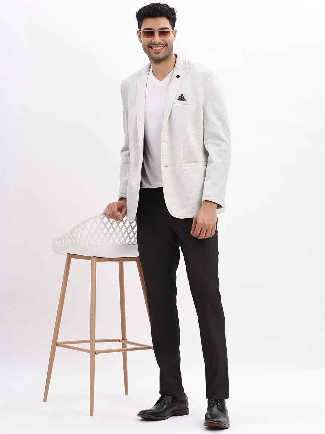 Men Grey Slim-Fit Single Breasted Notched Lapel Collar Cotton Casual Blazer
