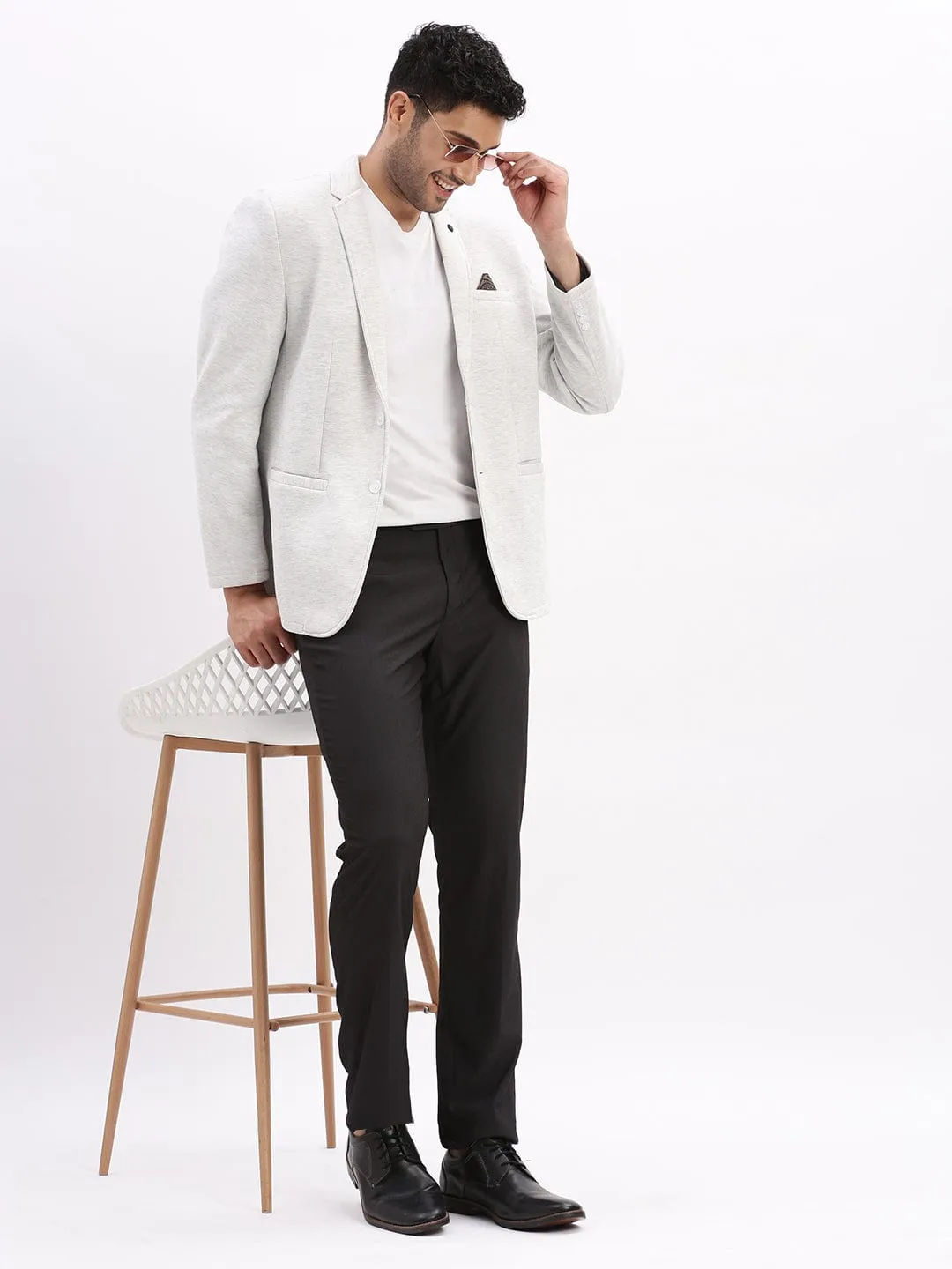 Men Grey Slim-Fit Single Breasted Notched Lapel Collar Cotton Casual Blazer