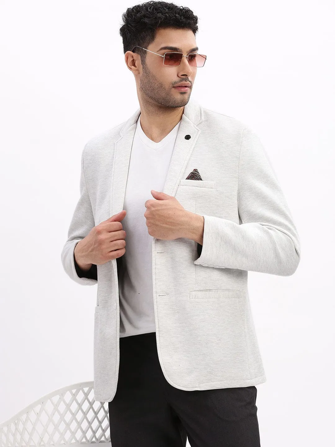 Men Grey Slim-Fit Single Breasted Notched Lapel Collar Cotton Casual Blazer