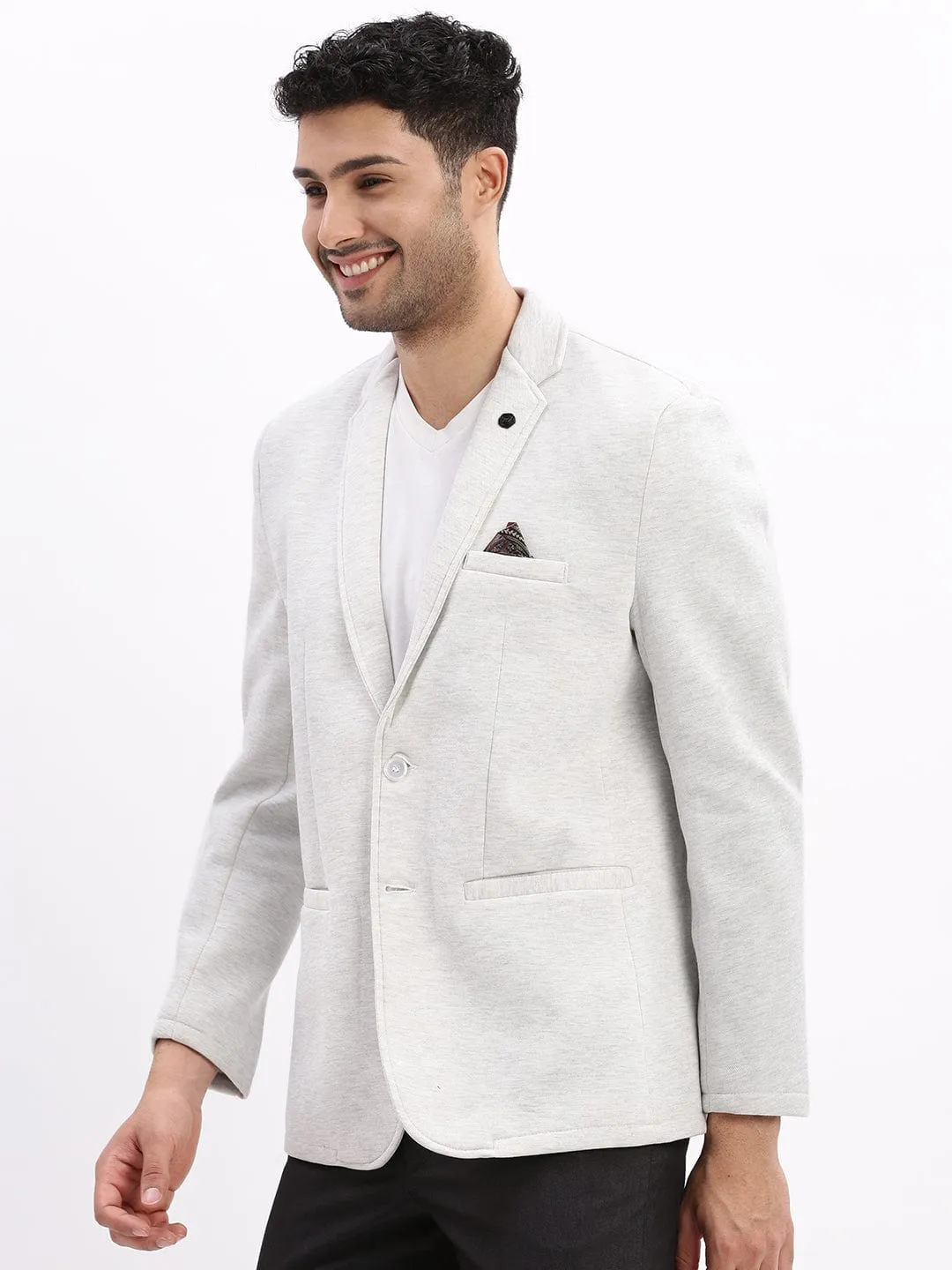 Men Grey Slim-Fit Single Breasted Notched Lapel Collar Cotton Casual Blazer