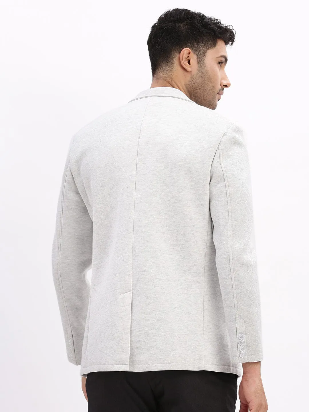 Men Grey Slim-Fit Single Breasted Notched Lapel Collar Cotton Casual Blazer