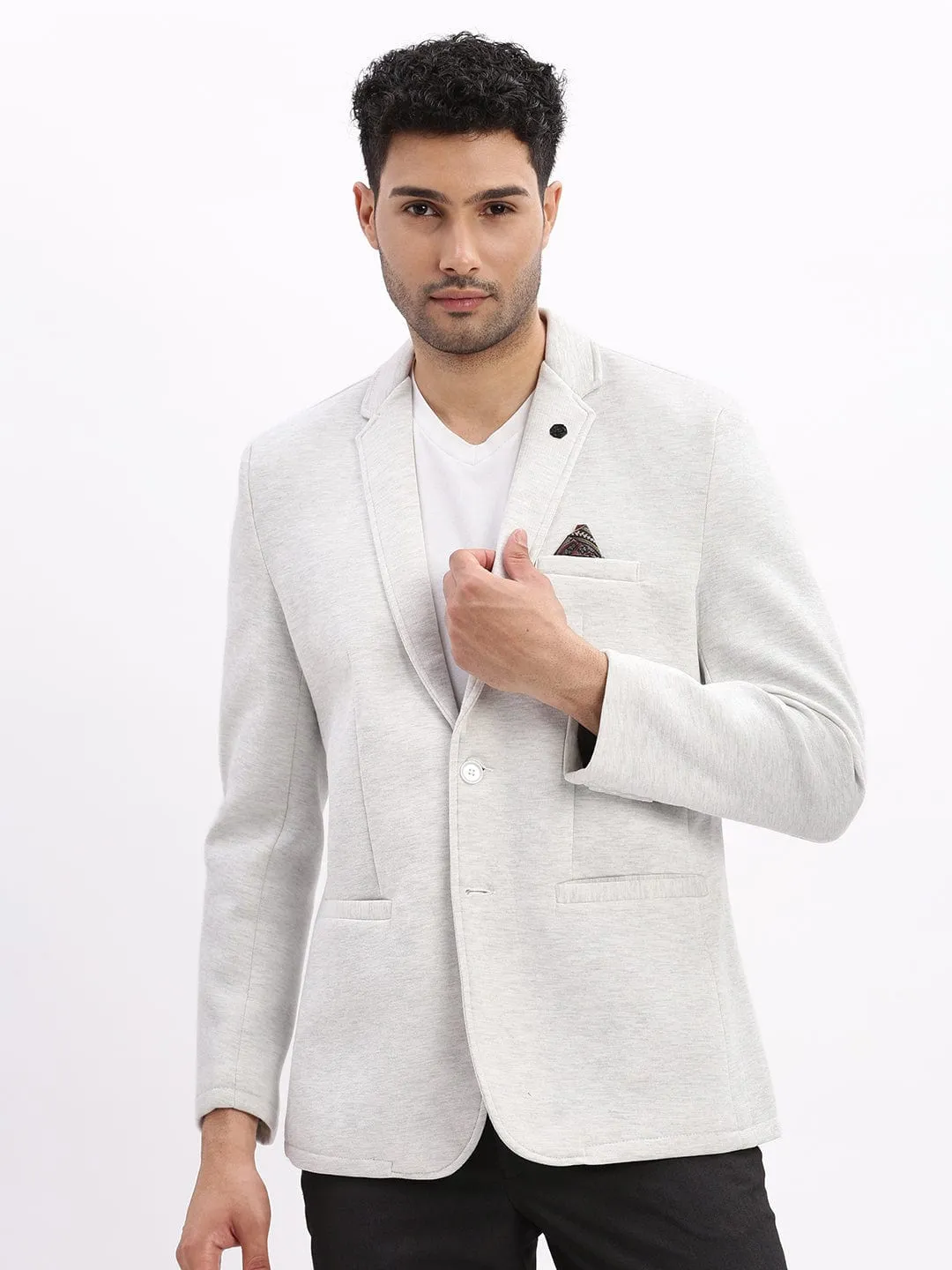 Men Grey Slim-Fit Single Breasted Notched Lapel Collar Cotton Casual Blazer