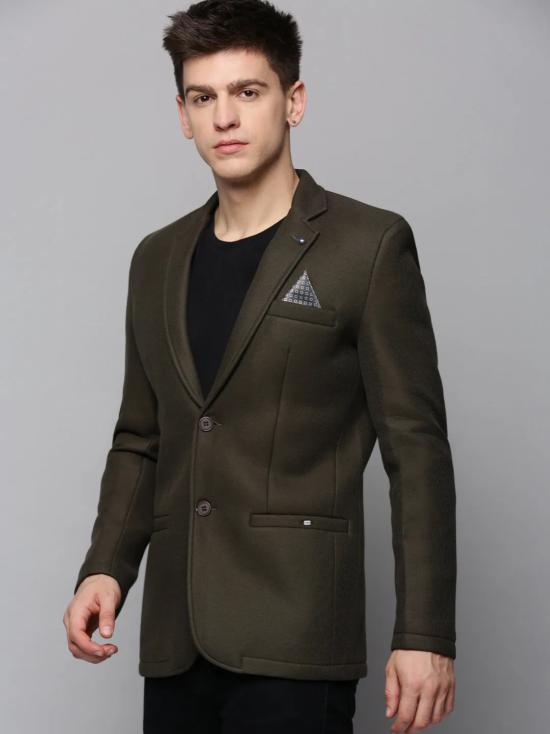 Men Olive Cotton Single-Breasted Blazer