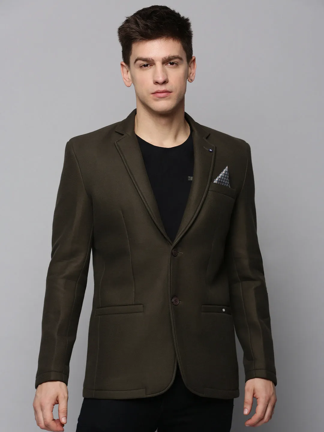 Men Olive Cotton Single-Breasted Blazer