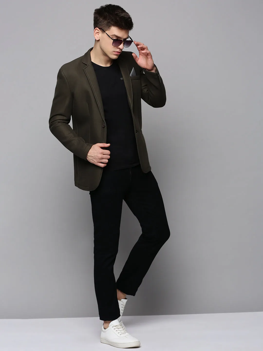 Men Olive Cotton Single-Breasted Blazer