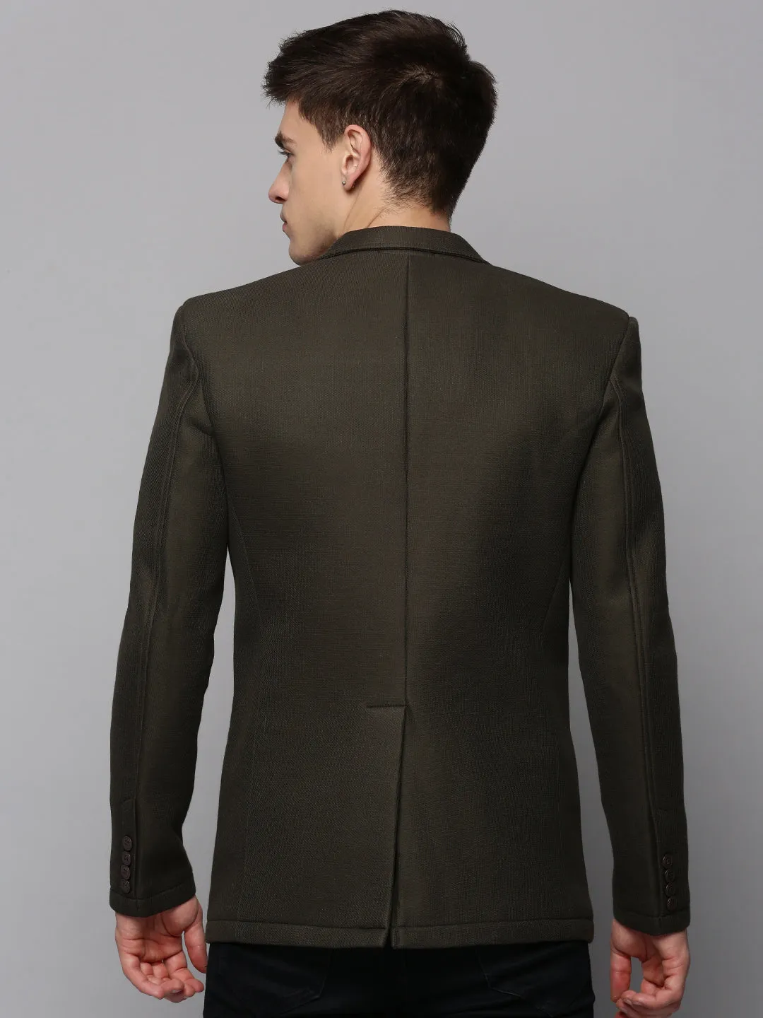 Men Olive Cotton Single-Breasted Blazer