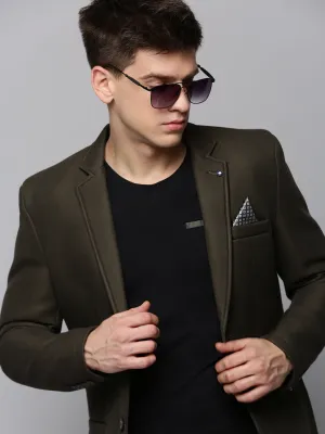 Men Olive Cotton Single-Breasted Blazer