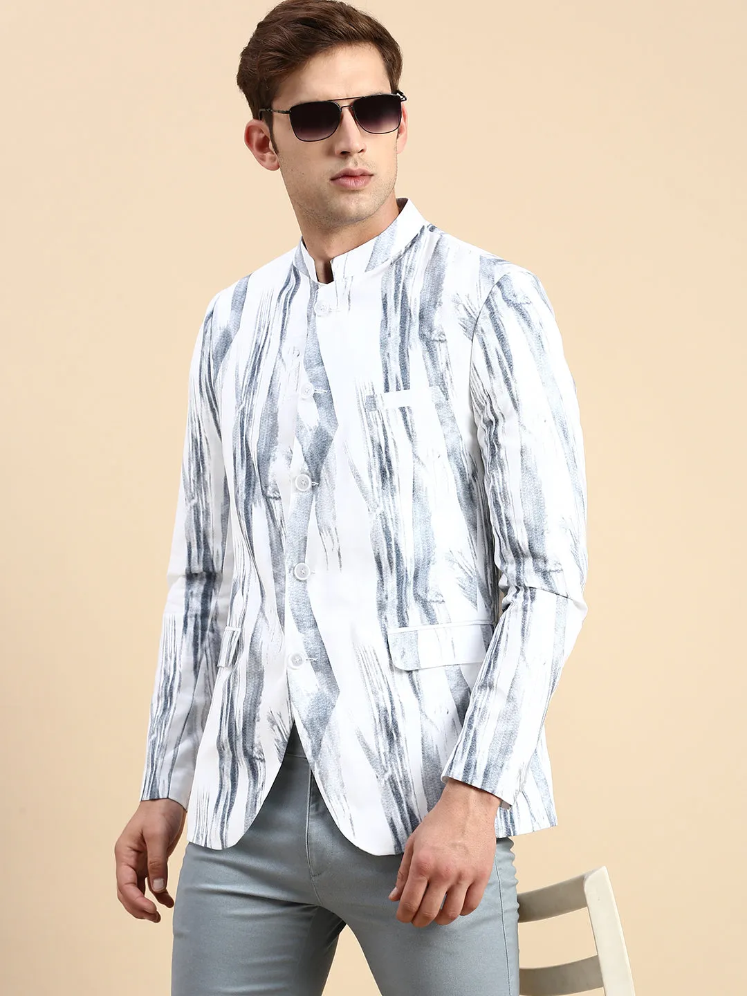 Men White Printed Slim Fit Mandarin Collar Bandhgala Blazer