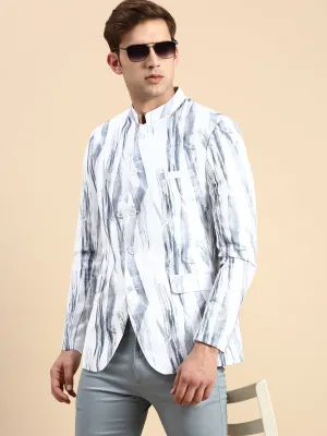 Men White Printed Slim Fit Mandarin Collar Bandhgala Blazer