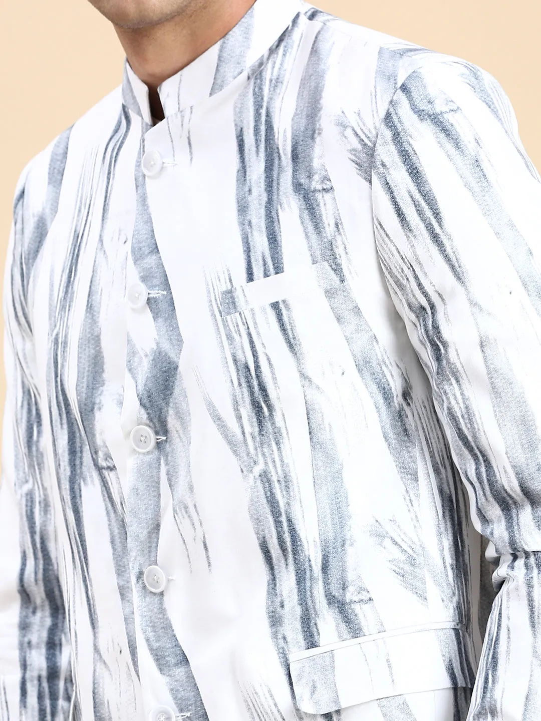 Men White Printed Slim Fit Mandarin Collar Bandhgala Blazer