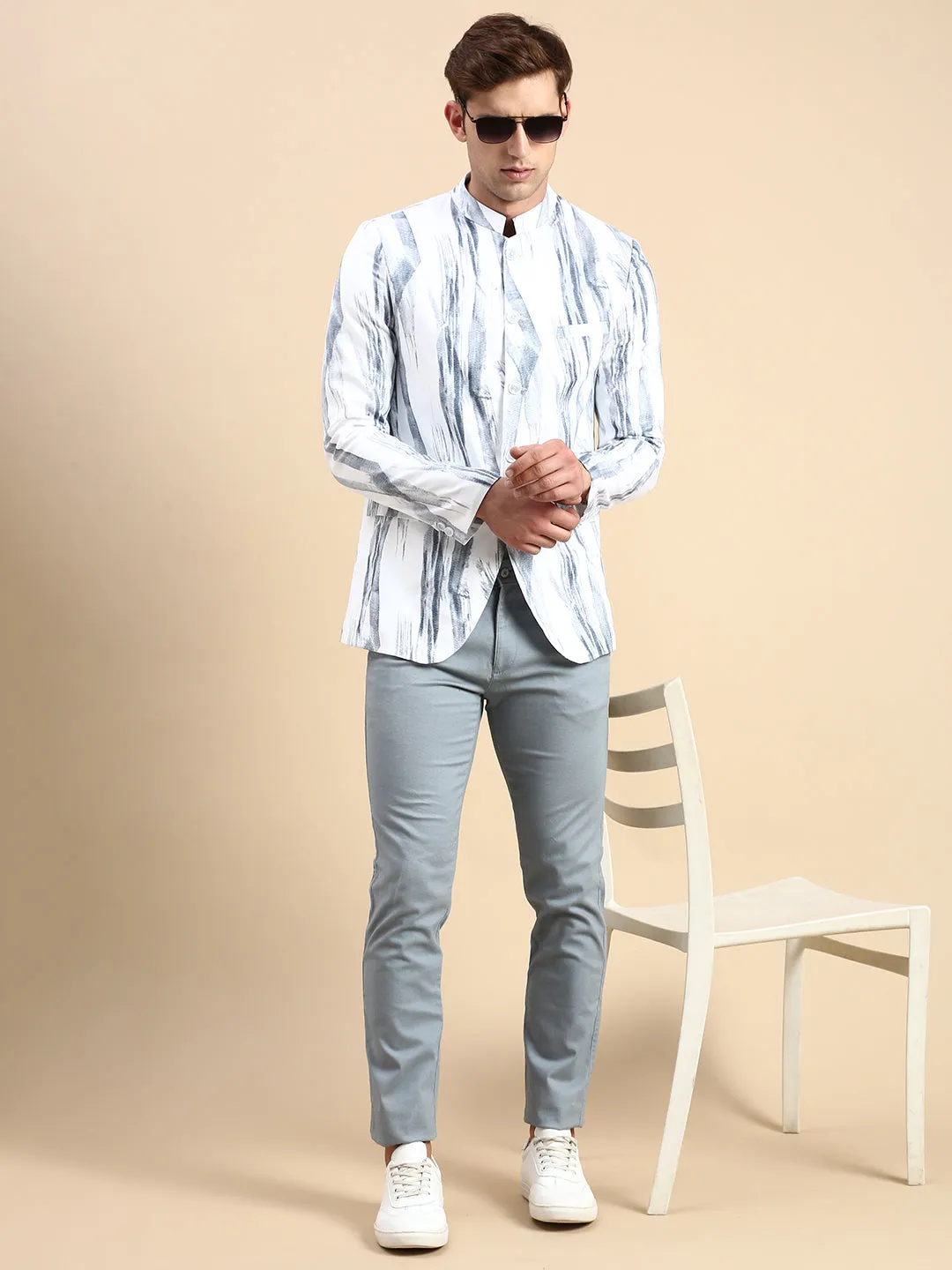 Men White Printed Slim Fit Mandarin Collar Bandhgala Blazer