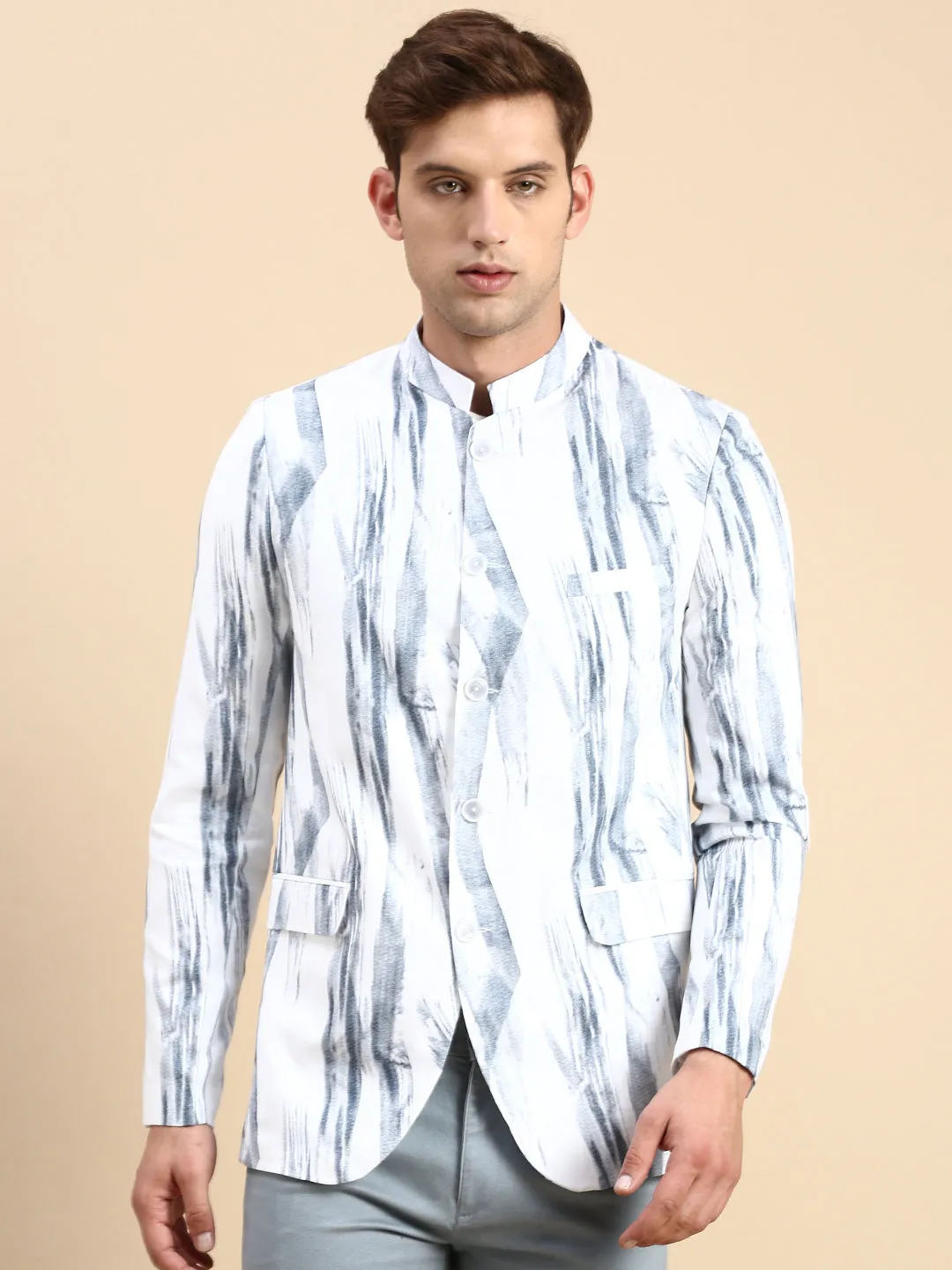 Men White Printed Slim Fit Mandarin Collar Bandhgala Blazer