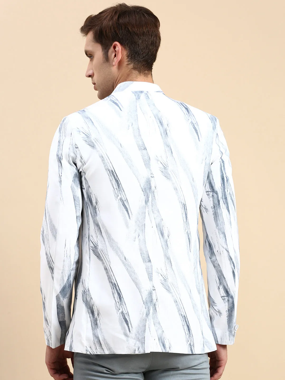 Men White Printed Slim Fit Mandarin Collar Bandhgala Blazer