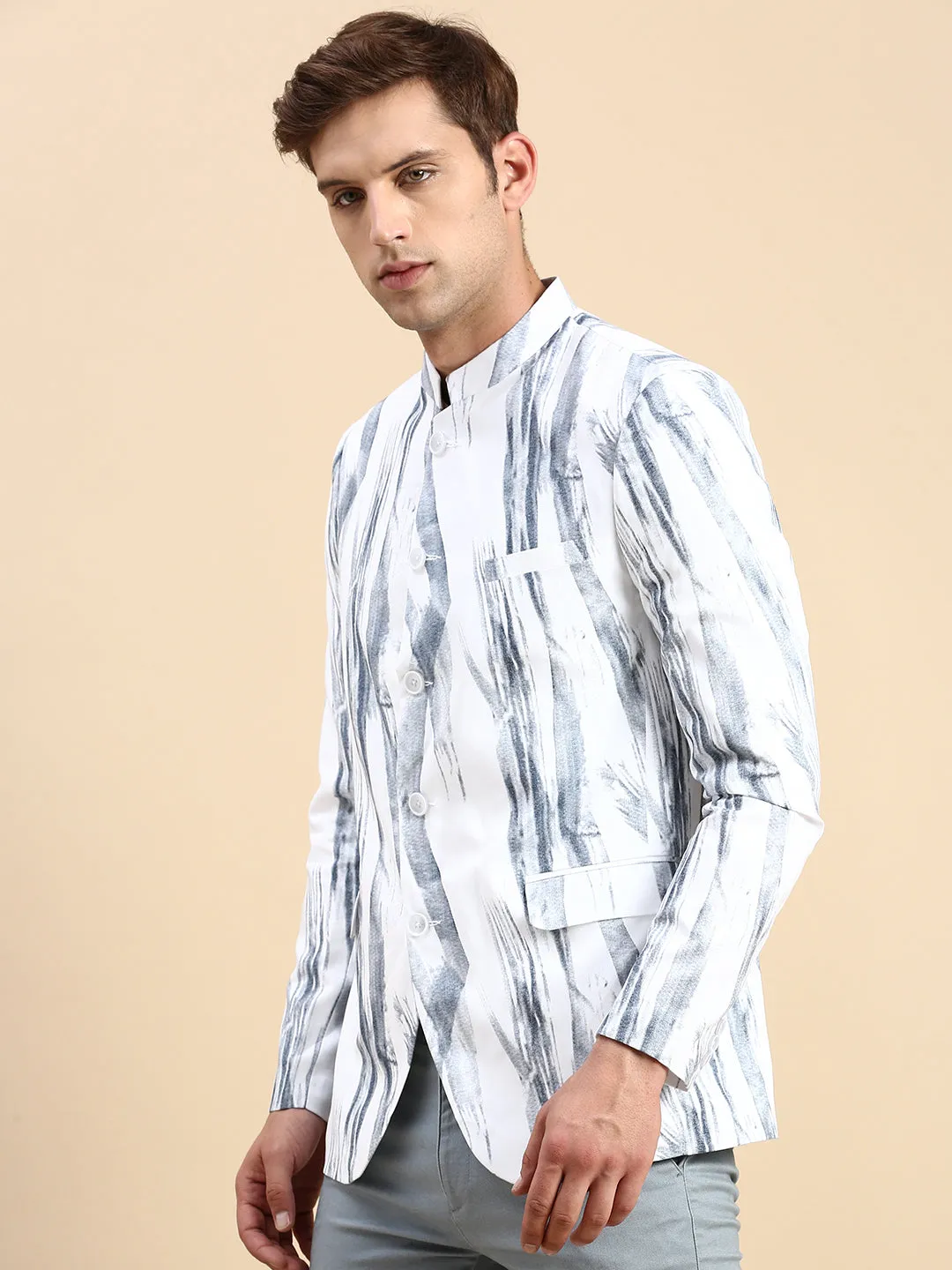 Men White Printed Slim Fit Mandarin Collar Bandhgala Blazer