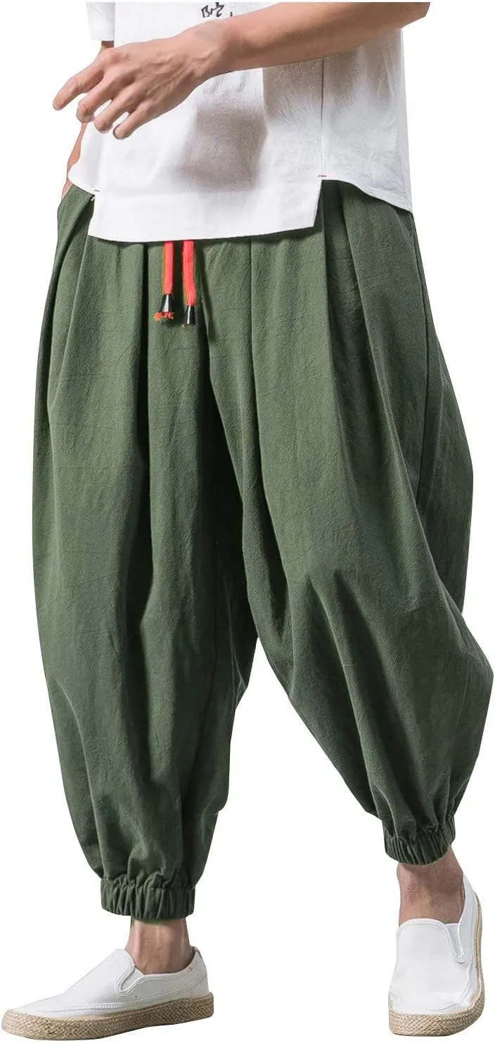Mens Cotton Linen Hippie Harem Pants Baggy Linen Boho Yoga Pants Loose Casual Drop Crotch Trouser Drawstring Waist Sweatpants