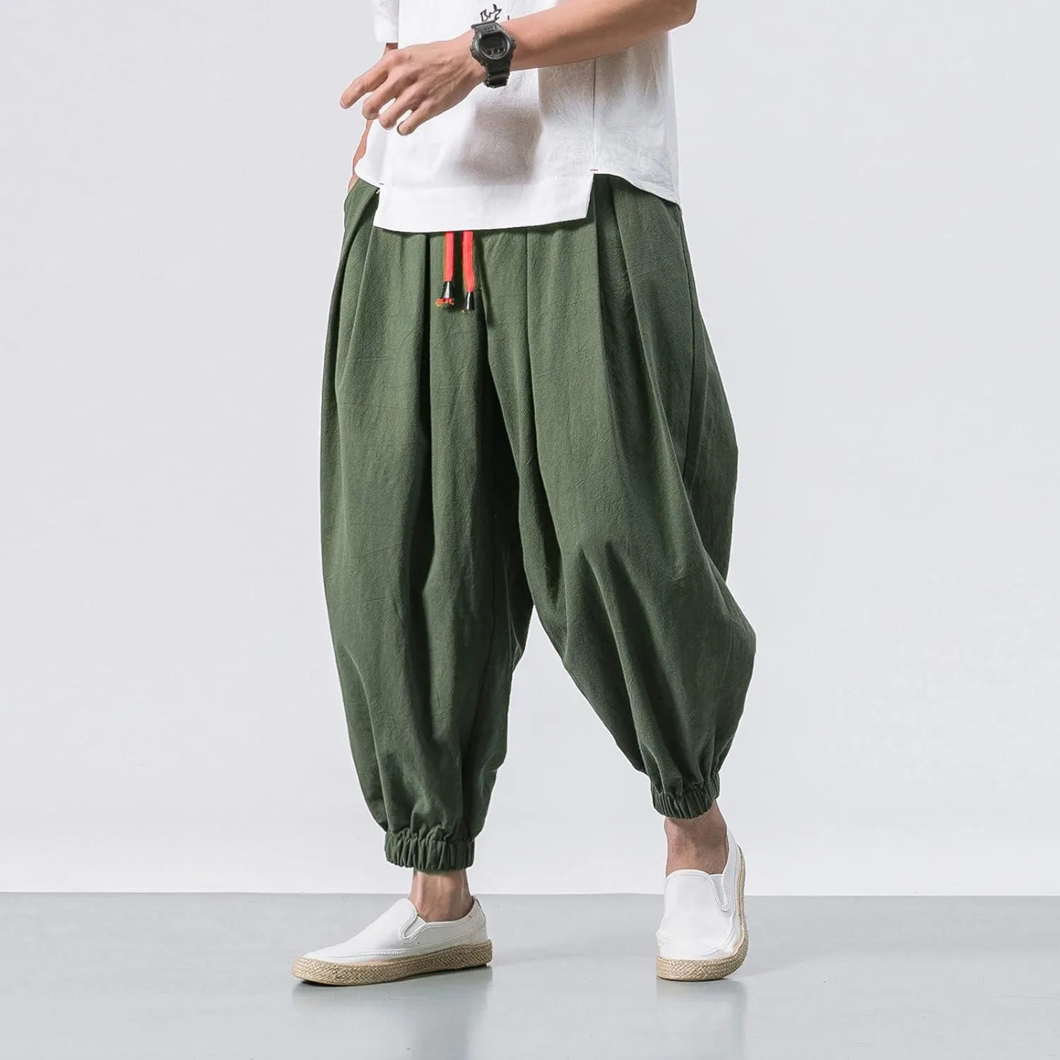 Mens Cotton Linen Hippie Harem Pants Baggy Linen Boho Yoga Pants Loose Casual Drop Crotch Trouser Drawstring Waist Sweatpants