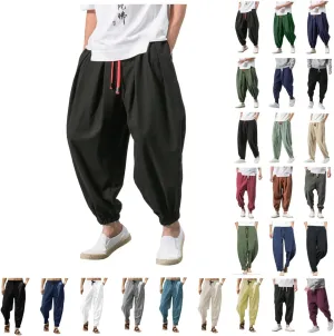 Mens Cotton Linen Hippie Harem Pants Baggy Linen Boho Yoga Pants Loose Casual Drop Crotch Trouser Drawstring Waist Sweatpants