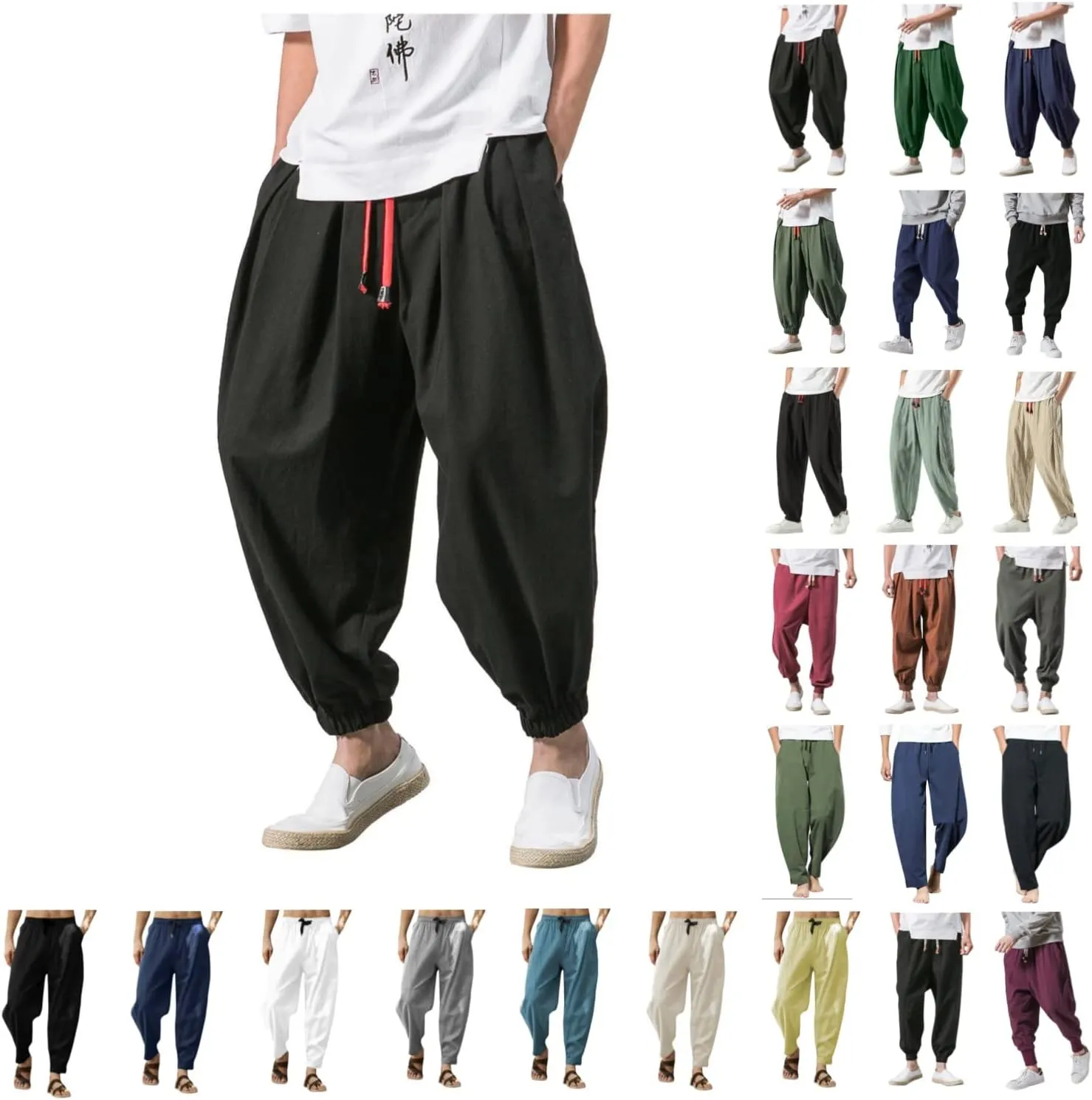 Mens Cotton Linen Hippie Harem Pants Baggy Linen Boho Yoga Pants Loose Casual Drop Crotch Trouser Drawstring Waist Sweatpants