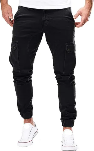 Mens Hiking Cargo Twill Pants Elastic Waist Trousers Jogger Chino Pant Slim Fit Tapered Work Trousers with Athletics Pocket (Black,XX-Large)
