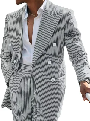 Men's Striped Seersucker Suits 2 Piece Slim Fit Wedding Tuxedo Summer Beach Leisure Suits Sets