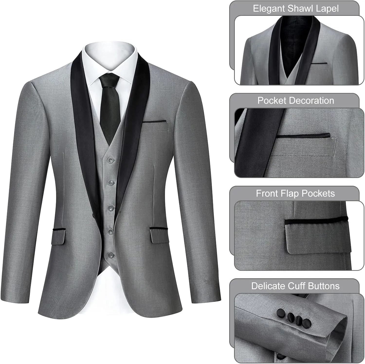 Men's Suit 3 Piece Slim Fit Suits for Men, One Button Solid Shawl Lapel Blazer Jacket Vest Pants Set for Party Wedding