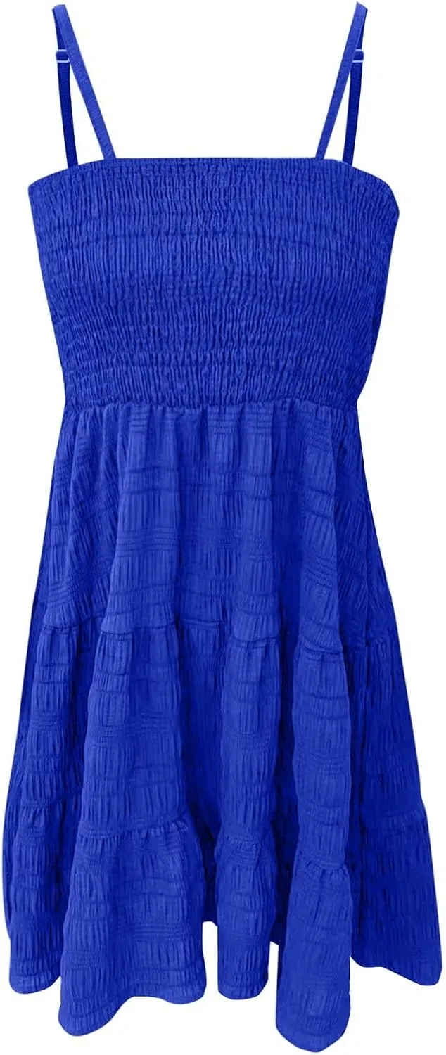 Mini Dresses for Women Smocked Square Neck Spaghetti Strap Skater Dress Summer Loose Comfy Tiered Ruffle Sundress