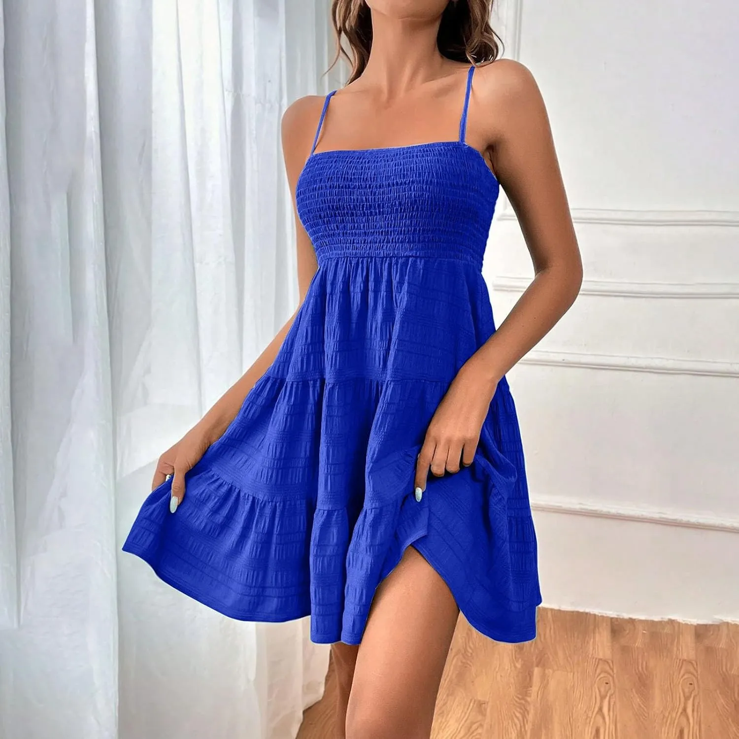 Mini Dresses for Women Smocked Square Neck Spaghetti Strap Skater Dress Summer Loose Comfy Tiered Ruffle Sundress