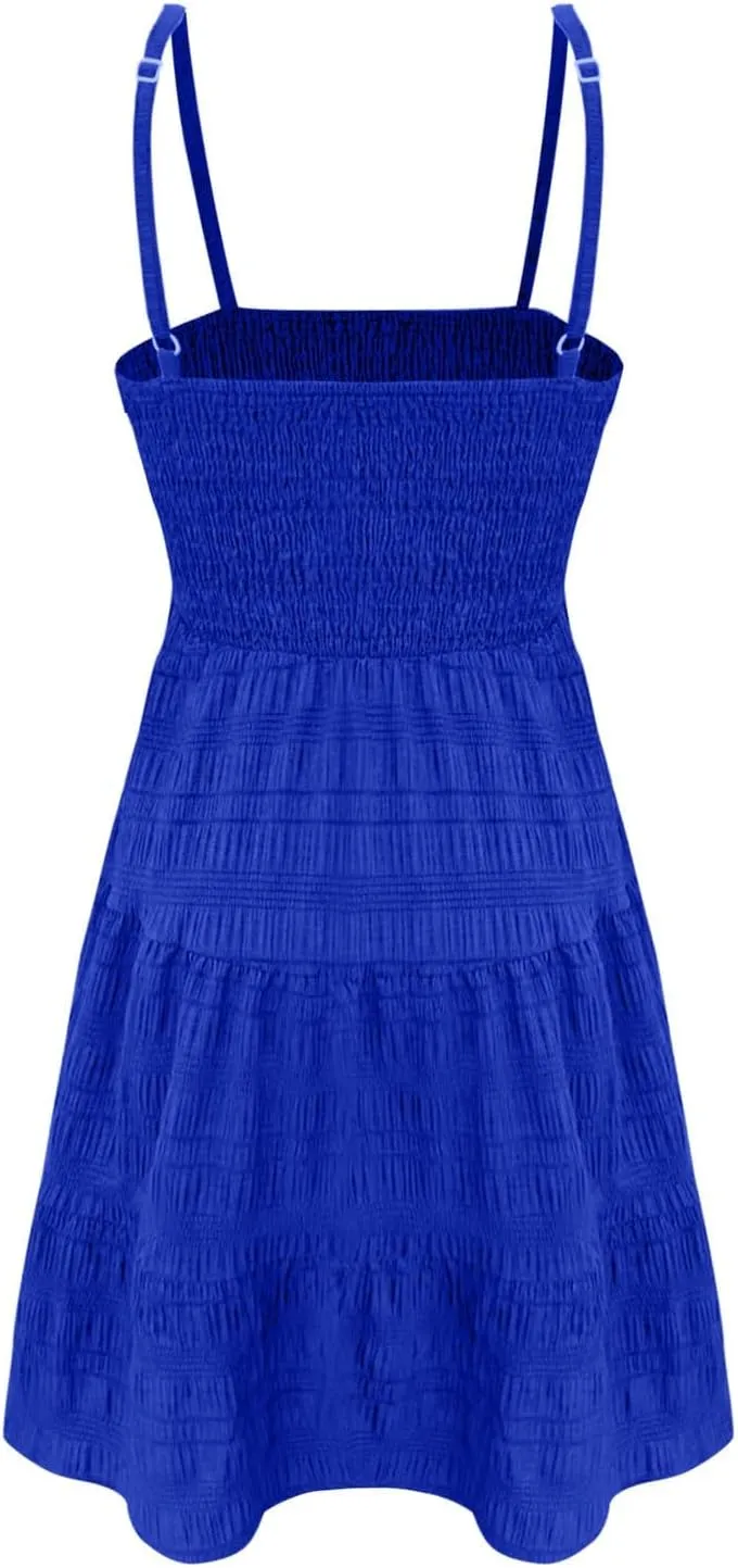 Mini Dresses for Women Smocked Square Neck Spaghetti Strap Skater Dress Summer Loose Comfy Tiered Ruffle Sundress