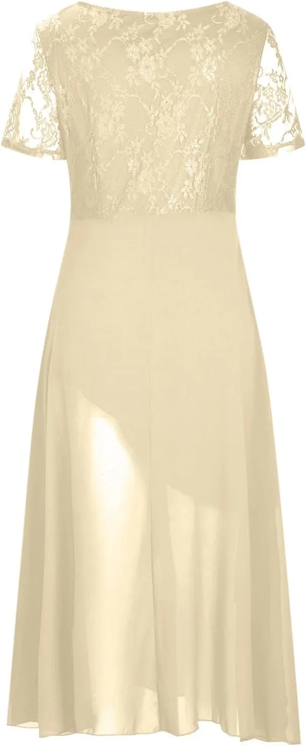 Mother of The Bride Dresses for Women Short Sleeve V-Neck Lace Chiffon Flowy Wedding Guest Dress Formal Evening Gown